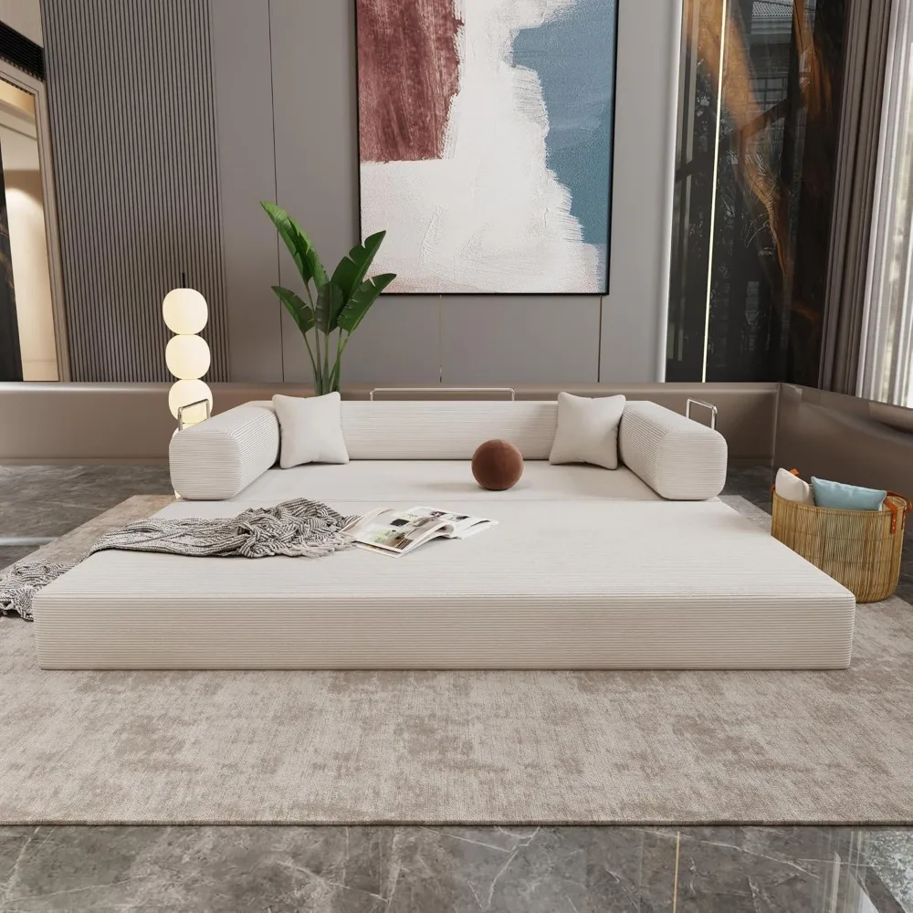 78.7" Modern Corduroy Loveseat Sofa Bed with 2 Toss Pillows, Convertible Lazy Floor Sleeper Sofa Couch with High-Density Sponge - Image 3