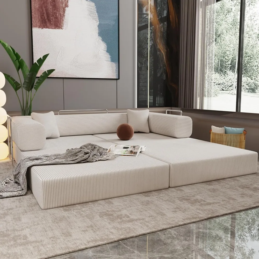 78.7" Modern Corduroy Loveseat Sofa Bed with 2 Toss Pillows, Convertible Lazy Floor Sleeper Sofa Couch with High-Density Sponge - Image 4