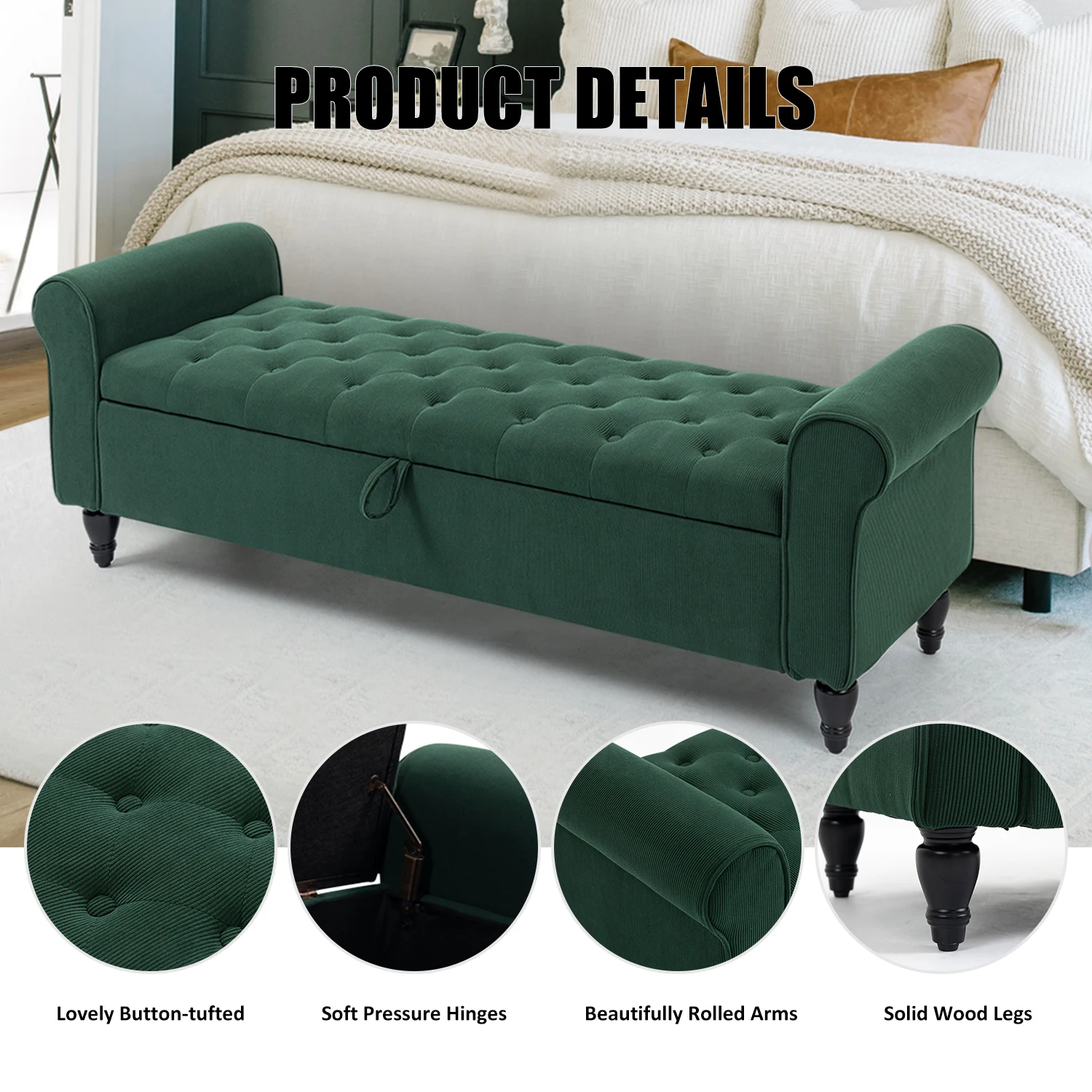 63’’ Storage Ottoman, Upholstered Tufted End of Bed Storage Bench, Ottoman with Storage for Living Room, Bedroom - Image 3