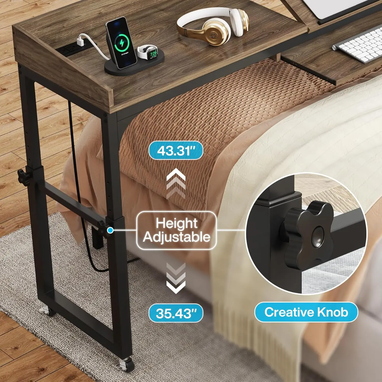 Height Adjustable Overbed Table with Wheels, Queen Size Over Bed Desk with Adjustable, Mobile Laptop Cart Computer Desk - Image 3