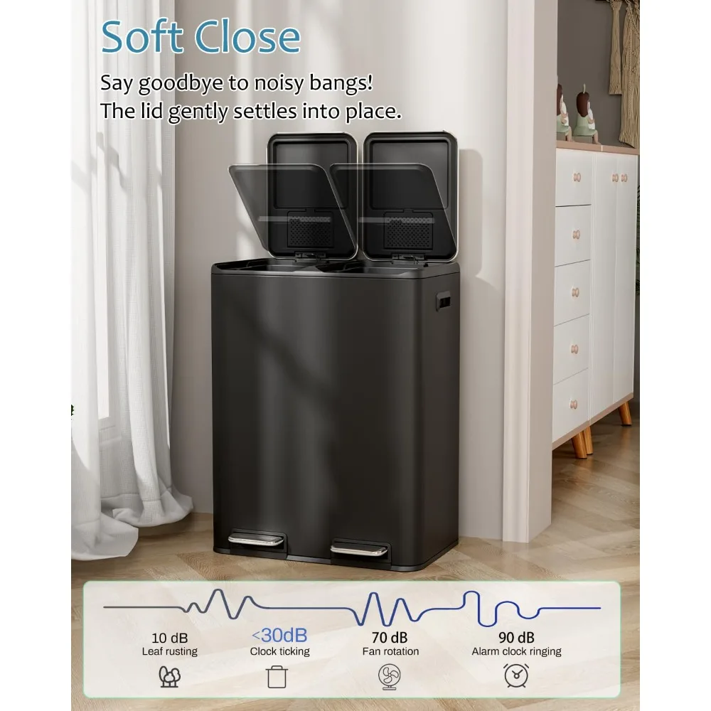 16 Gal (2 x 30 L) Dual Trash Can, Stainless Steel Kitchen Garbage Bin, Recycle Dustbin with Odor Control Box, Soft-Close Lid - Image 3