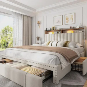 Queen Size Upholstered Bed Frame with Storage Drawers and 2-Tier Headboard, Wooden Slat Support Platform Bed