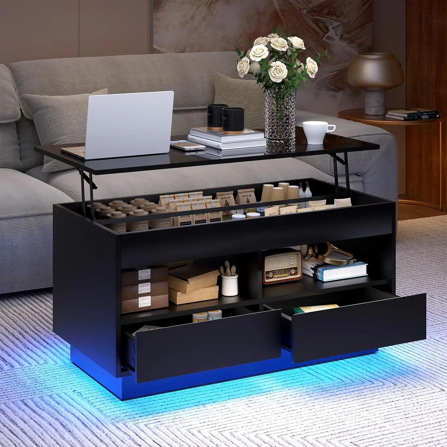 LED Coffee Table Morden with High Gloss Black Lift Top DiningTable with Hidden Storage Living Room 4Tiers TeaTable Center Tables - Image 7