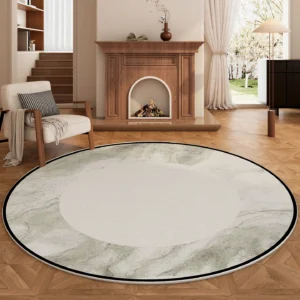 French Style Floral Round Carpet – Washable Green Anti-Slip Rug for Bedroom Living Room Study Home Decor