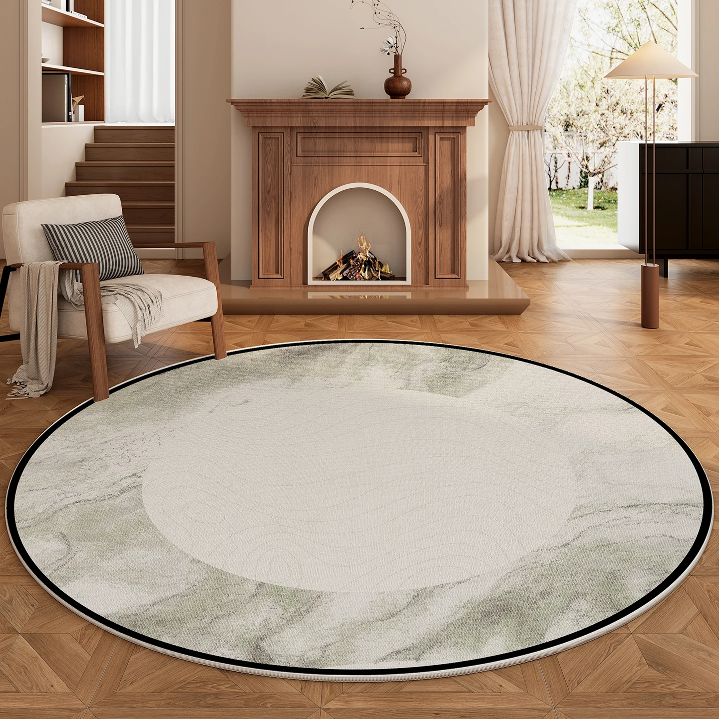 French Style Floral Round Carpet – Washable Green Anti-Slip Rug for Bedroom Living Room Study Home Decor