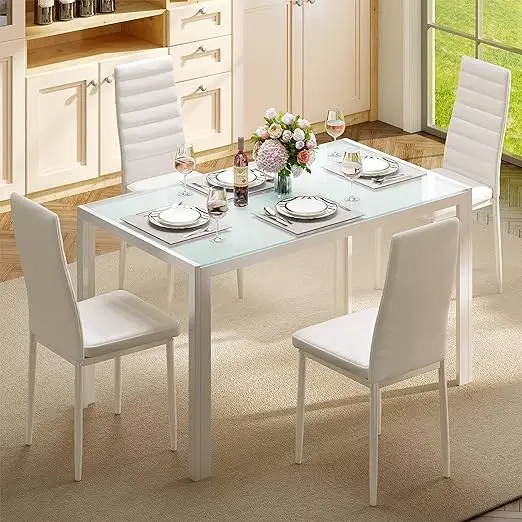 Modern 5-Piece Glass Top Dining Set with PU Leather Chairs for 4, Suitable for Kitchen and Living Room - Image 7