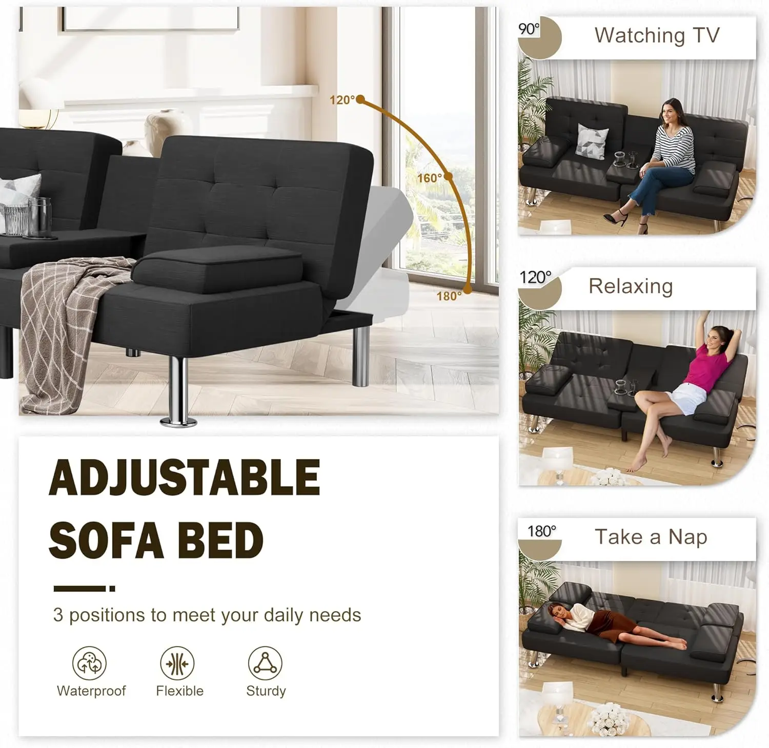 Modern Linen Upholstered Convertible Folding Futon Sofa Bed with Removable Armrests, Metal Legs, 2 Cup Holders for Living Room - Image 4