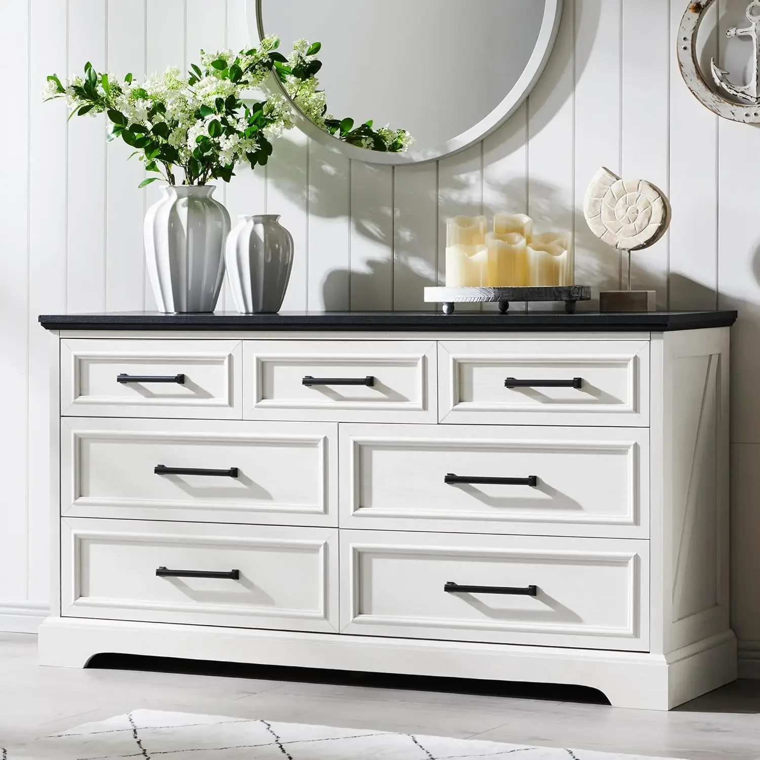7 Drawer Dresser, Farmhouse Chest of Drawers for Bedroom, 52" Wide Kids Dresser TV Stand with Large Metal Handles - Image 8