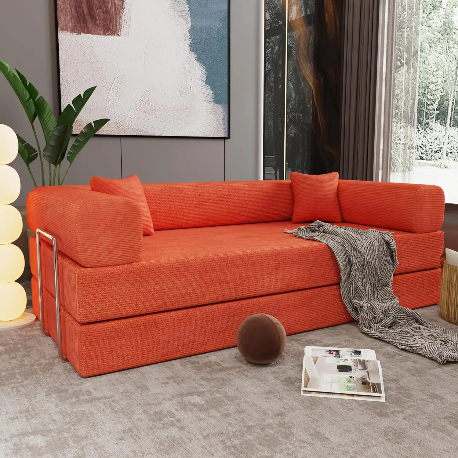78.7" Modern Corduroy Loveseat Sofa Bed with 2 Toss Pillows, Convertible Lazy Floor Sleeper Sofa Couch with High-Density Sponge - Image 8