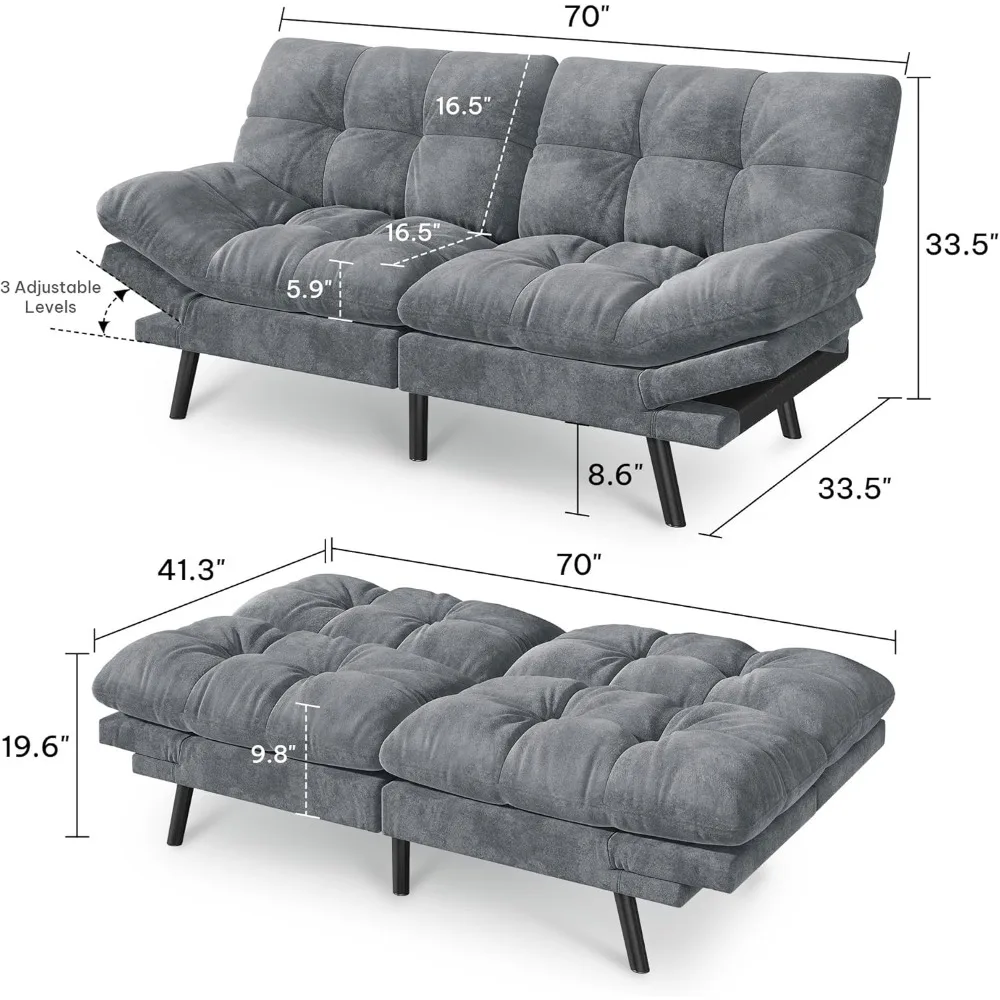 Convertible Futon Sofa Bed with Cat-Scratch-Proof Fabric, Adjustable Backrest and Armrest, Modern Loveseat Sleeper Couch - Image 2