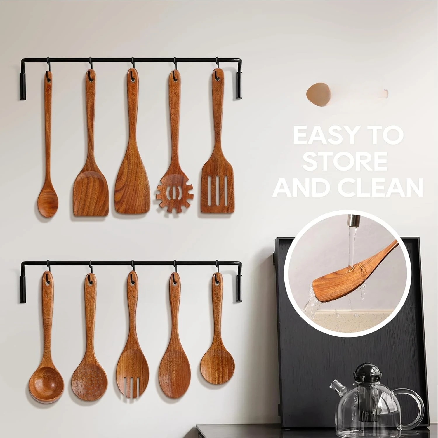 Teak Wooden Cooking Utensils Set, 10 Piece Premium Kitchen Cookware, Non-Scratch Wooden Spoons for Cooking, Perfect for - Image 5