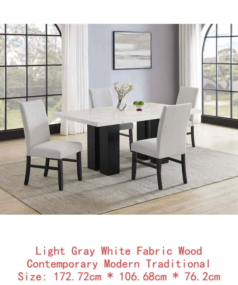 6-Pc Dining Set, White Rectangular Marble Tabletop, Dark Finish Base, Upholstered Chairs & Bench, Soft Wood Furniture for - Image 7
