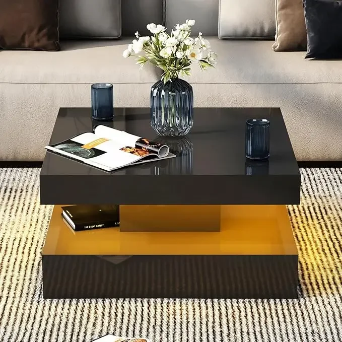 LED Coffee Table with 2 Storage Drawers for Living Room Square Center Middle Table Modern Cocktail Table with Light - Image 22