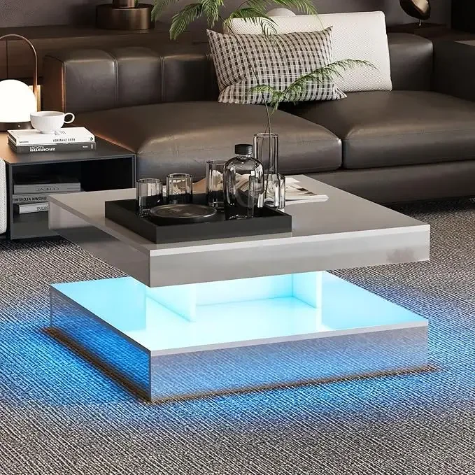 LED Coffee Table with 2 Storage Drawers for Living Room Square Center Middle Table Modern Cocktail Table with Light - Image 9