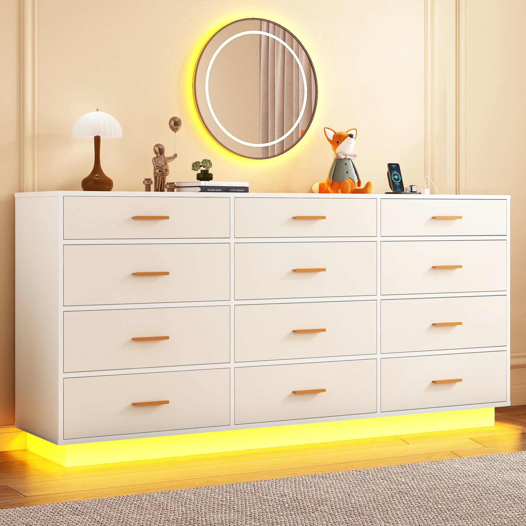 12 Drawer Dresser for Bedroom, 63'' Modern Chest of Drawers with Power Outlets & LED Lights, Wood Dresser for Living Room - Image 2