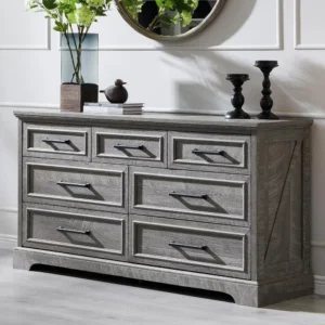 7 Drawer Dresser, Farmhouse Chest of Drawers for Bedroom, 52" Wide Kids Dresser TV Stand with Large Metal Handles
