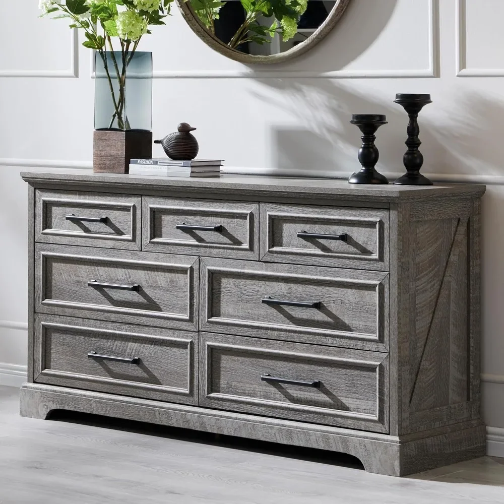7 Drawer Dresser, Farmhouse Chest of Drawers for Bedroom, 52" Wide Kids Dresser TV Stand with Large Metal Handles
