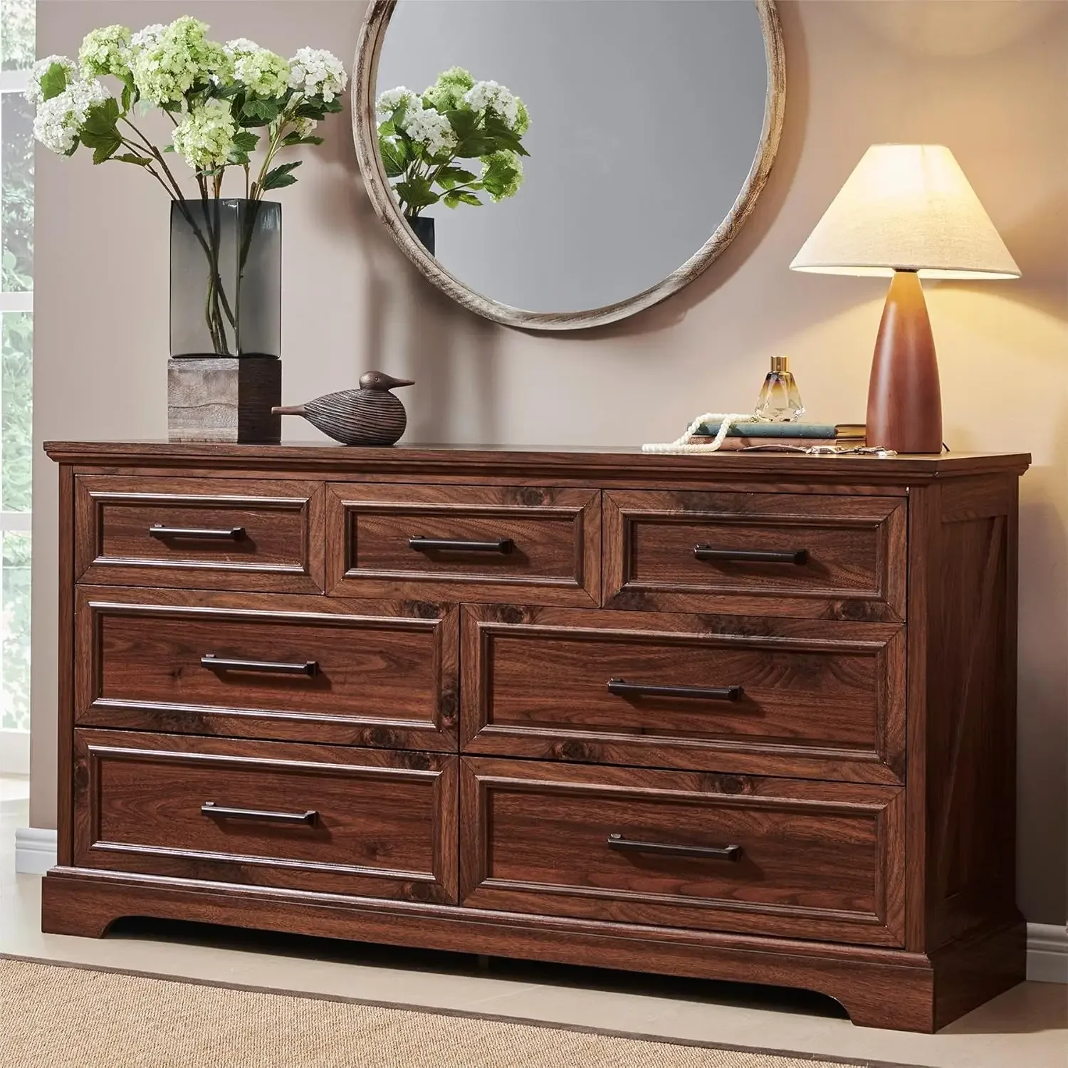 7 Drawer Dresser, Farmhouse Chest of Drawers for Bedroom, 52" Wide Kids Dresser TV Stand with Large Metal Handles - Image 9