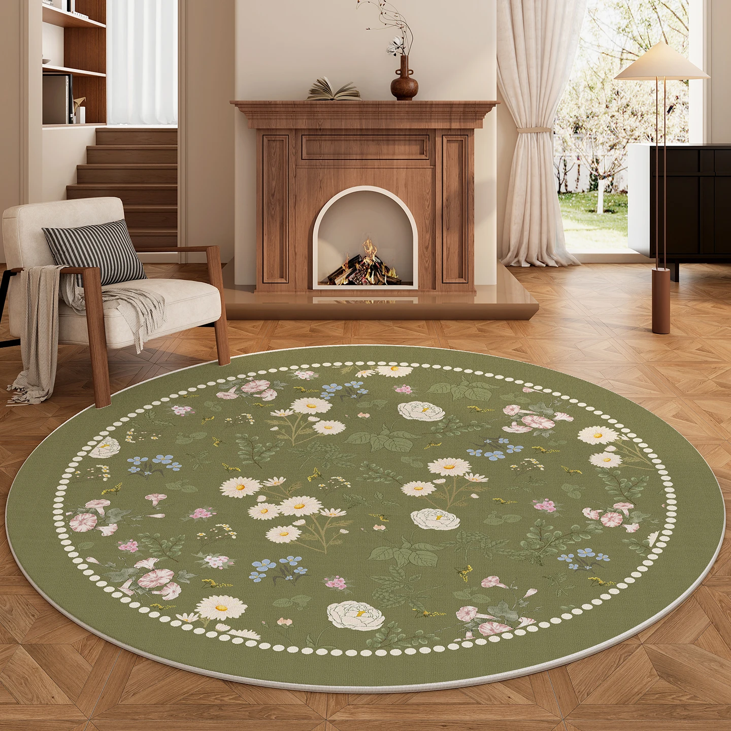 French Style Floral Round Carpet – Washable Green Anti-Slip Rug for Bedroom Living Room Study Home Decor - Image 3