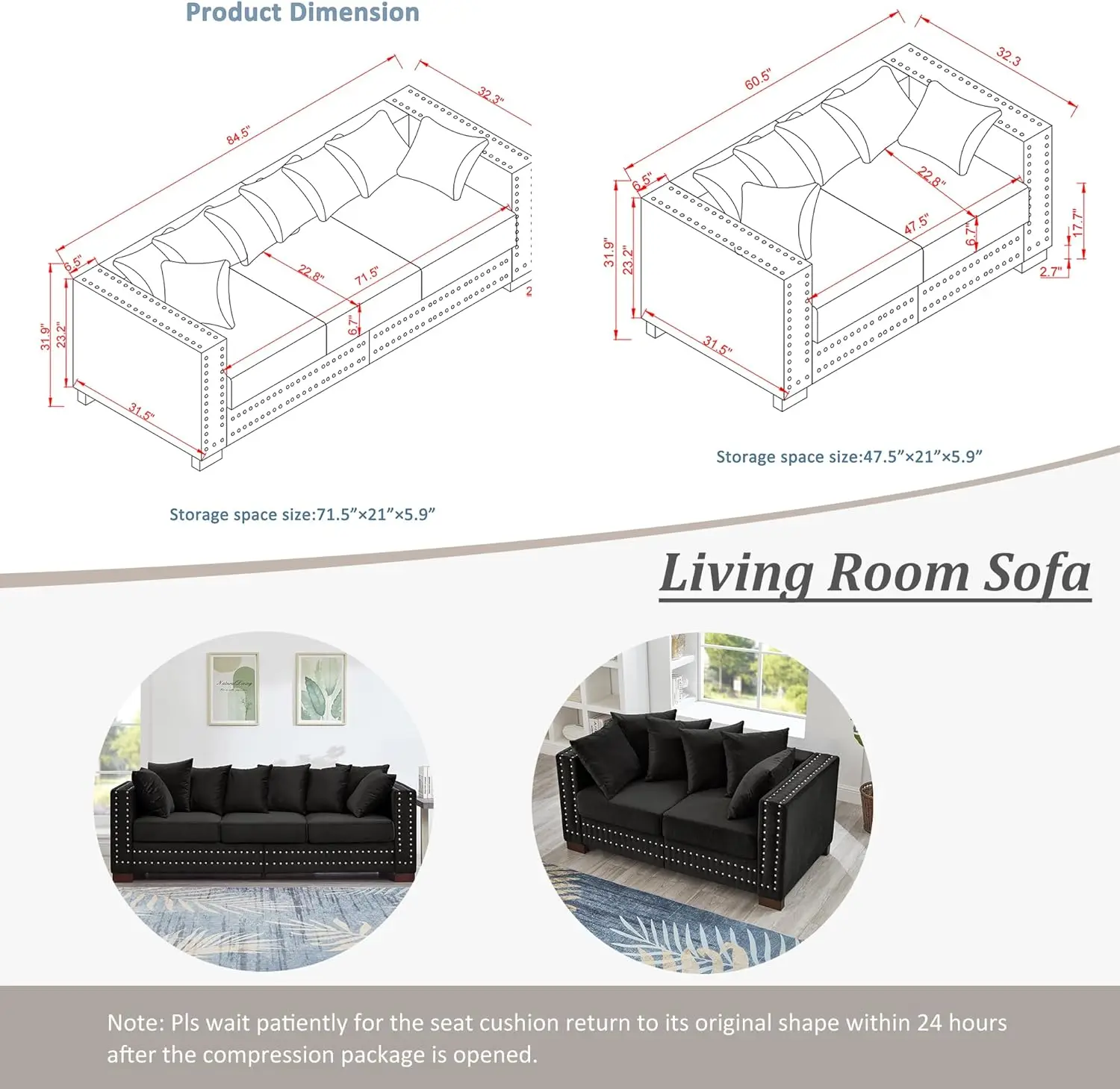 2-Piece Modern Velvet Upholstered 2+3 Seater Sofa Set with Storage Space, Loveseat and Sofa Couch with Silver Nail Trim - Image 2