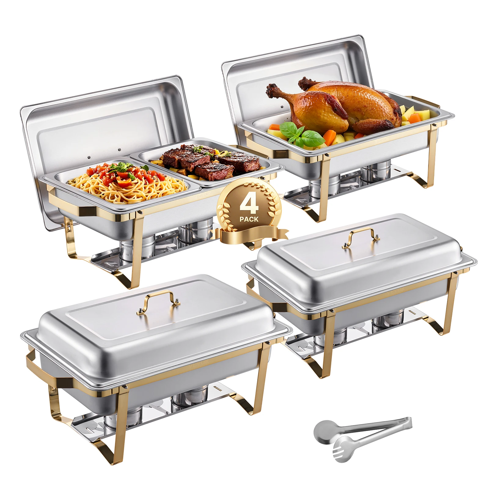 SucceBuy 8 Qt 4 Pack Chafing Dish Buffet Set Stainless Steel Chafer with 2 Full Size and 4 Half Size Pans Catering Warmer Server - Image 7