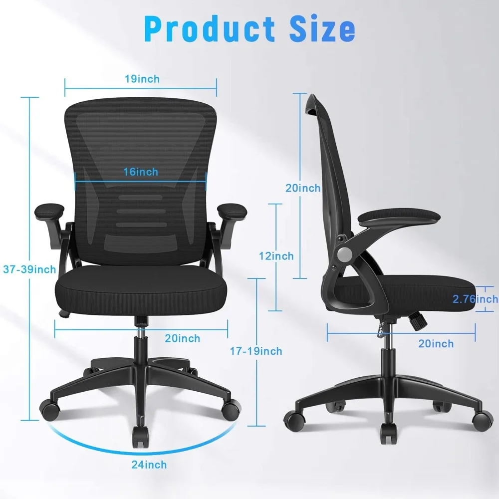 Ergonomic Office Chair, Mid Back Desk Chairs with Adjustable Height, Swivel Chair with Flip-Up Arms and Lumbar Support - Image 3