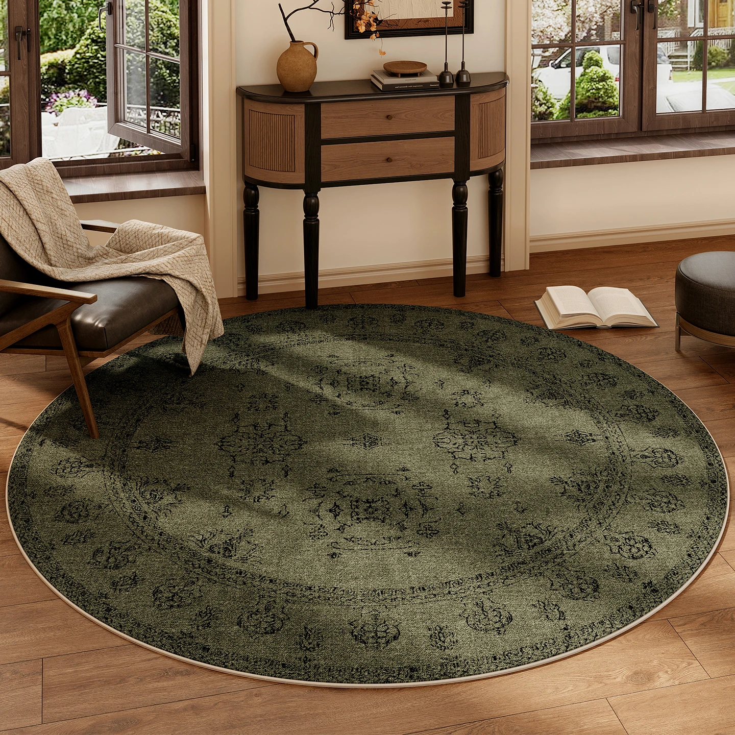 French Style Floral Round Carpet – Washable Green Anti-Slip Rug for Bedroom Living Room Study Home Decor - Image 7