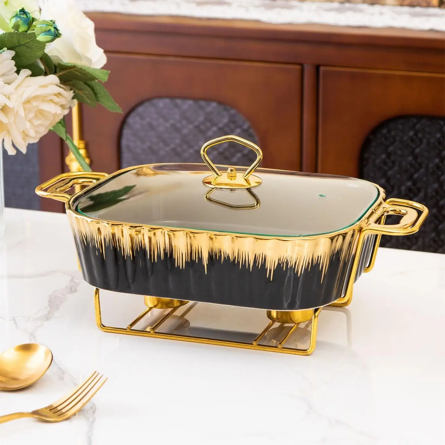 3 Piece Set Ceramic Chafing Dishes Buffet Set, Luxury Black Ceramics Chafer with Gold Trim, Chafer and Buffet Warmer Set for Buf - Image 2