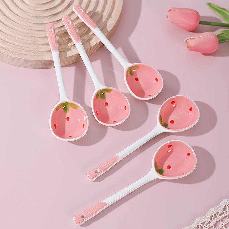 1Pc Cute Strawberry Ceramic Soup Spoon Ice Cream Hand Painted Coffee Dessert Long Handle Spoon Kitchen Tableware Accessories - Image 3