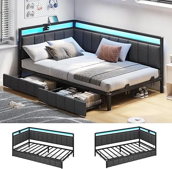 Twin Size Corner Bed Frame with Storage, Daybed with Linen Upholstered Backrest, Children's Bed with LED Lighting - Image 7