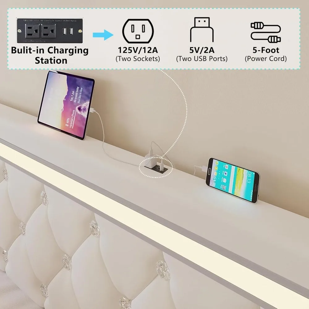 Bed Frame Full Size with LED Light and Storage Drawers, Adjustable Headboard with PU Leather Upholstered, 2 Sockets and 2 USB - Image 5