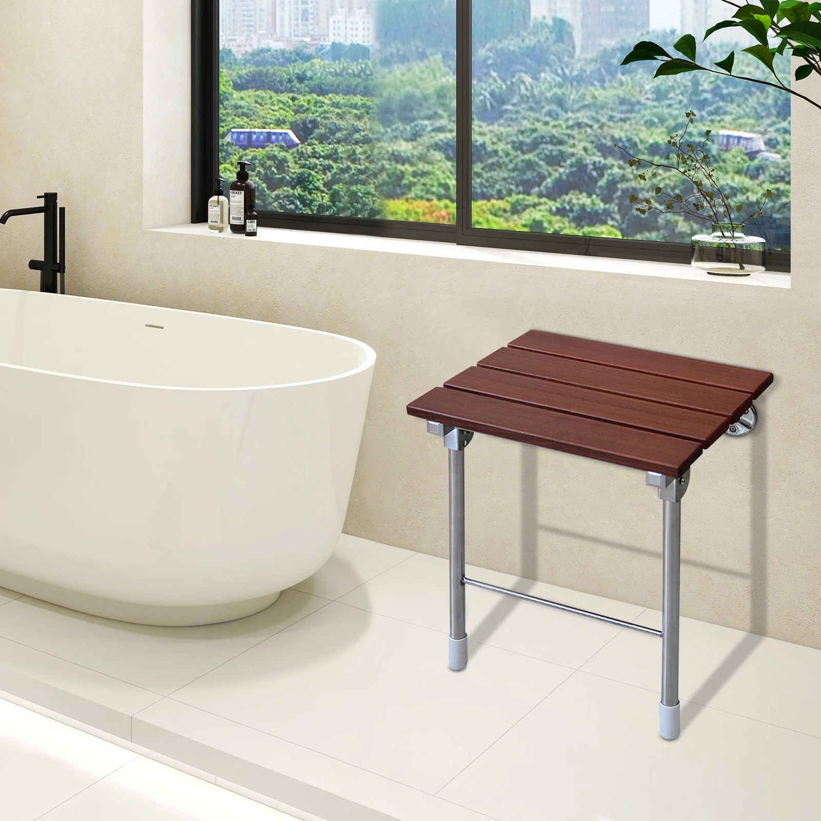 Wooden Wall Mounted Shower Chair, Folding Bathroom Shower Seat, Home & Hotel Furniture, Shoe Bench - 160kg Capacity, 38*31*44cm