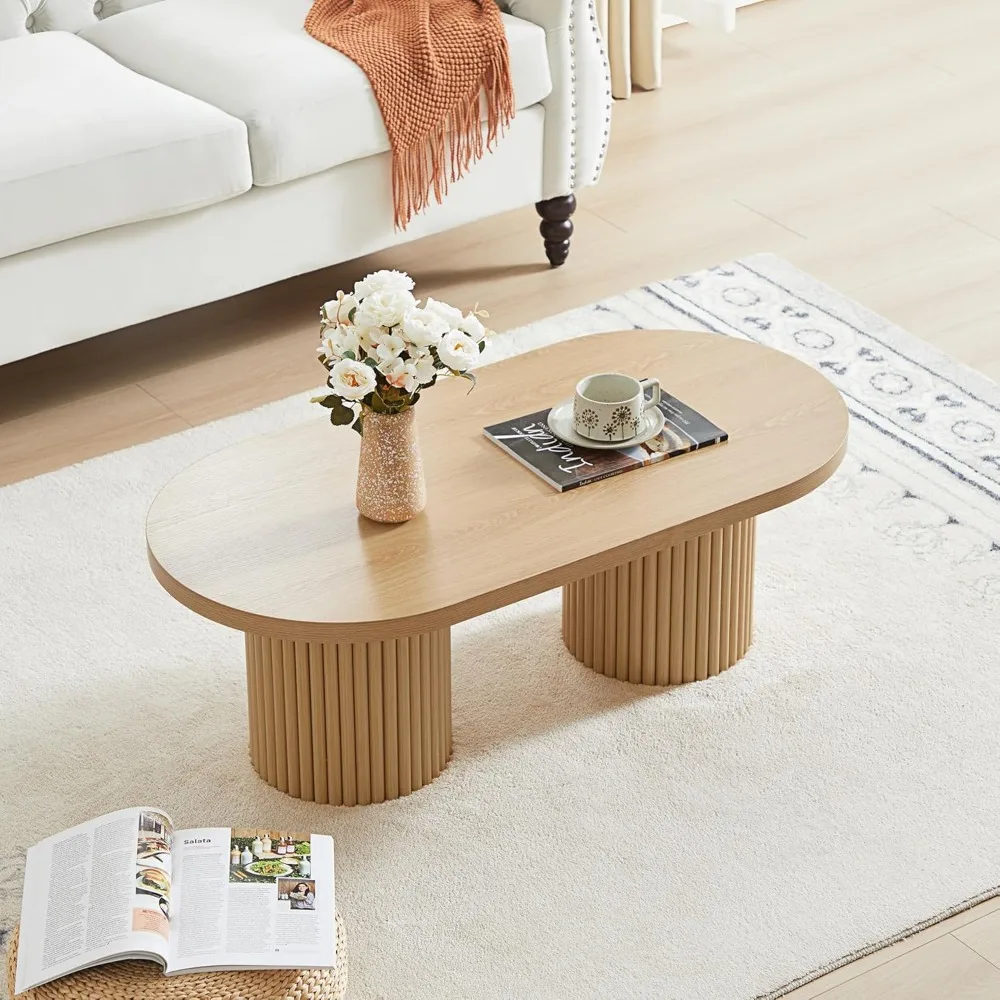 Fluted Oval Coffee Table for Living Room, Boho Modern Coffee Table with Fluted Legs, Curved Round Wood Center Table for Home, S - Image 6