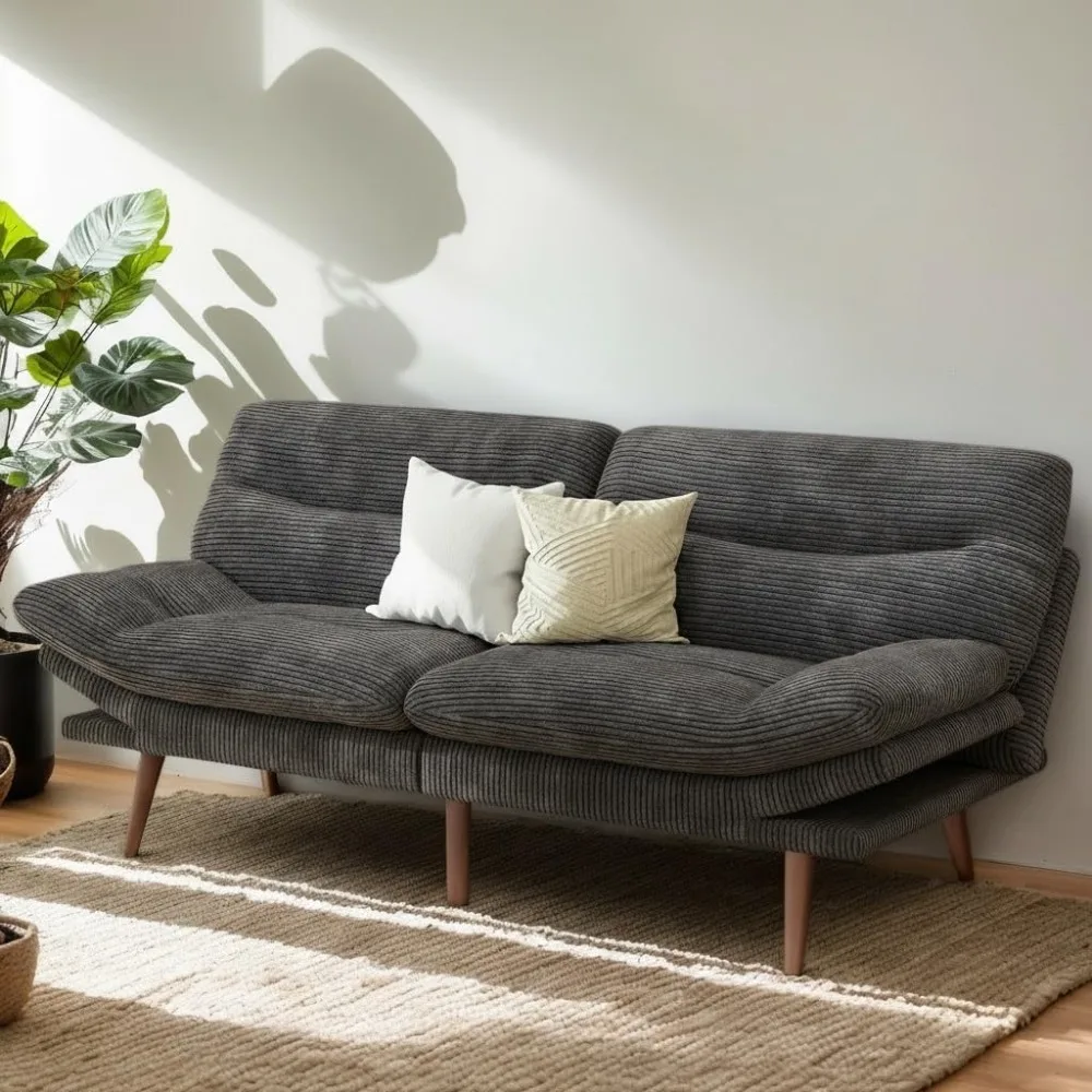 3-in-1 Futon Sofa Bed, 73″ Corduroy Futon Couch with Adjustable Backrest & Ars, Lmrests, Vintage Couch for Small Space Grey - Image 2