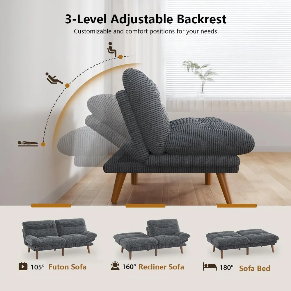 3-in-1 Futon Sofa Bed, 73″ Corduroy Futon Couch with Adjustable Backrest & Ars, Lmrests, Vintage Couch for Small Space Grey - Image 4