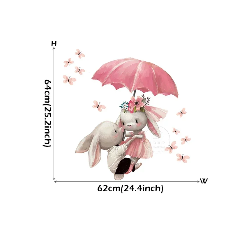 Cartoon Wall Stickers Pink Umbrella Butterfly Bunny in Love for Kids Room Baby Nursery Wall Decals for Girl Room Baby Shower PVC - Image 3
