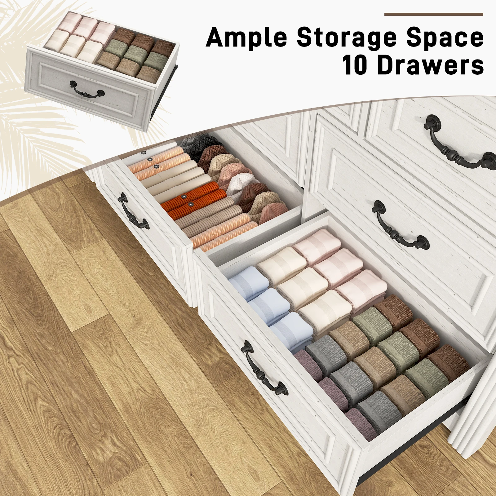 Farmhouse 10 Drawer Dresser for Bedroom, 63” Wood Chest of Drawers with Rustic Handles, Wide Closet Dressers Organizer - Image 4
