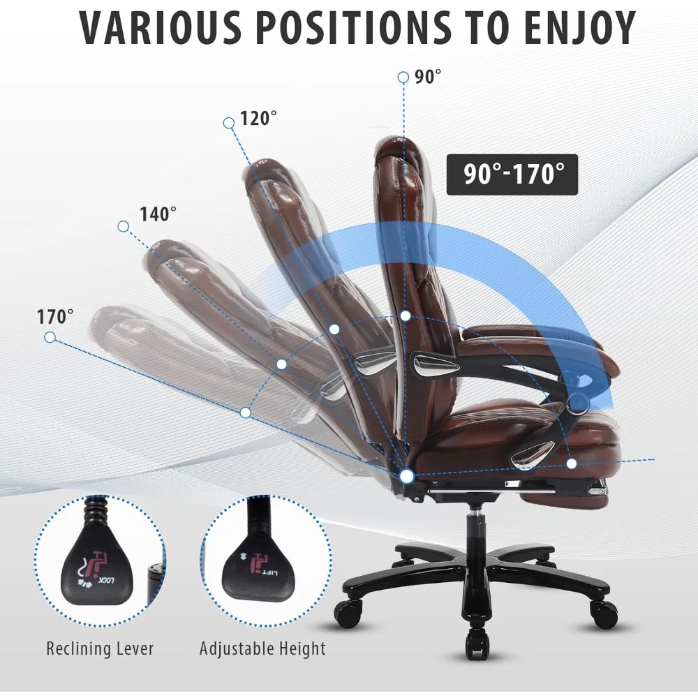 400lb Big Tall Recliner Office Chairs with Footrest PU Leather High Back Reclining Desk Chairs with Wheels, Plus Size Home Offi - Image 3