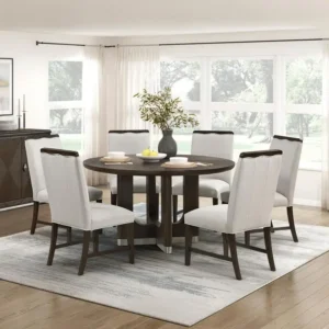 Modern Brown Finish 7-Piece Dining Set with Round Table and 6 Beige Upholstered Side Chairs - Durable Metallic Base, Elegant