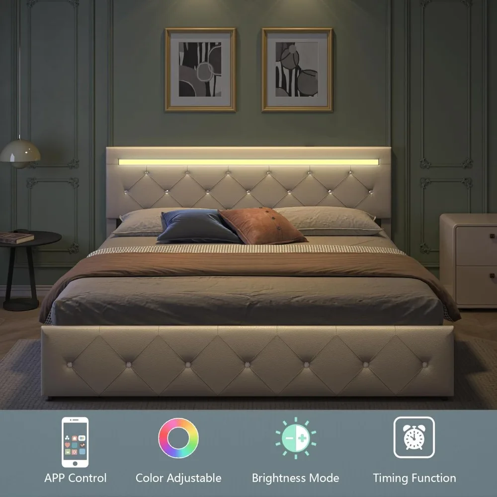 Bed Frame Full Size with LED Light and Storage Drawers, Adjustable Headboard with PU Leather Upholstered, 2 Sockets and 2 USB - Image 6