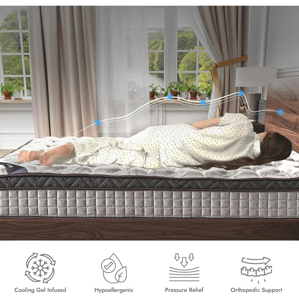 Mattress, Full Size Mattress in a Box, New Diamond Innerspring Hybrid and Cooling Gel Memory Foam Mattresses, Pressure Relief - Image 5