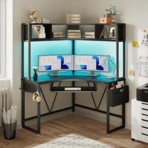 Corner Desk Small Computer Desk with Hutch LED Lights for Compact Spaces Triangle Corner Gaming Computer Desk Featuring Keyboar