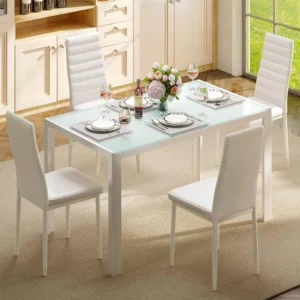 Modern 5-Piece Glass Top Dining Set with PU Leather Chairs for 4, Suitable for Kitchen and Living Room