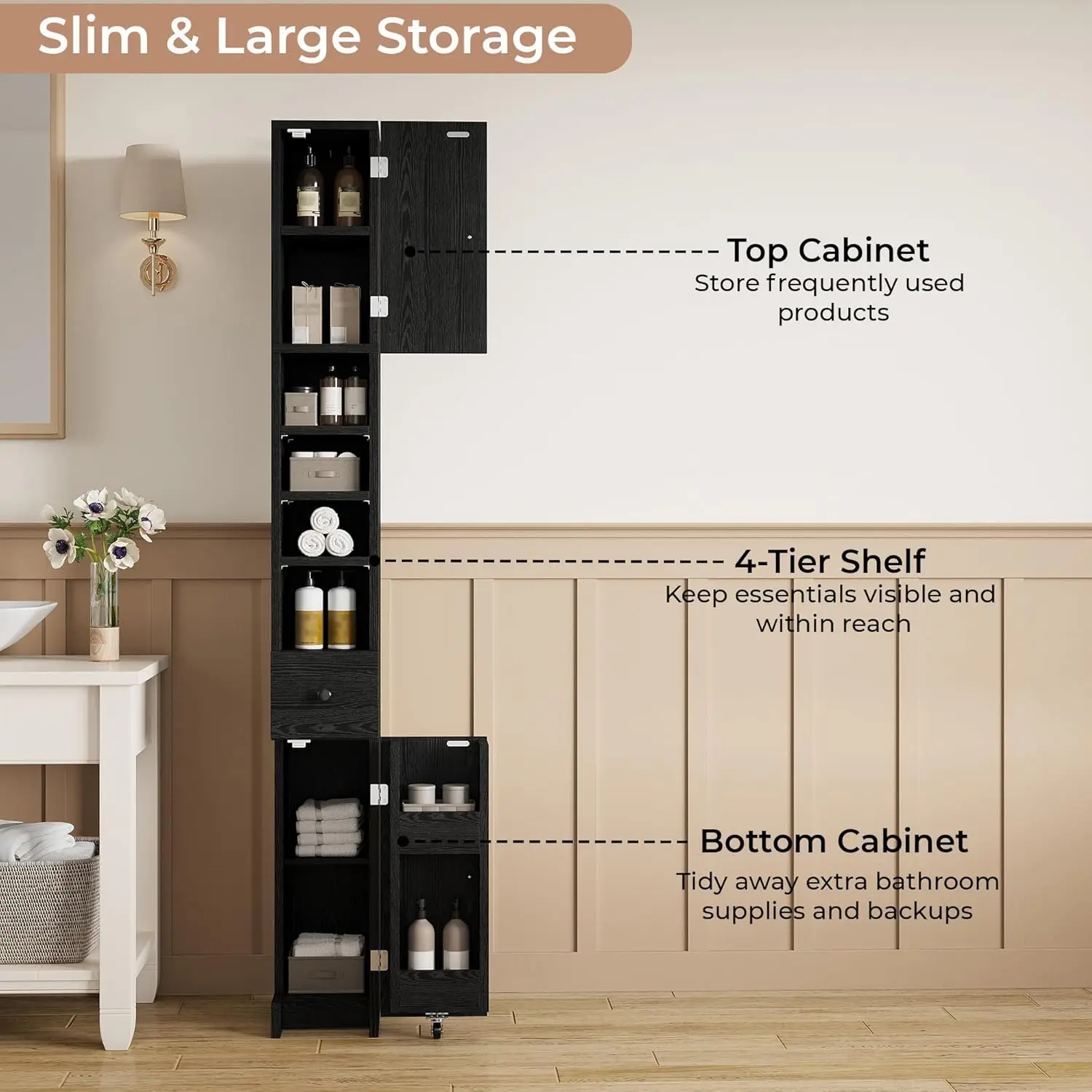 IRONCK Bathroom Storage Cabinet, 70.9 Inch Tall Bathroom Cabinet with Doors, Narrow Storage Organizers with Adjustable Shelf - Image 3