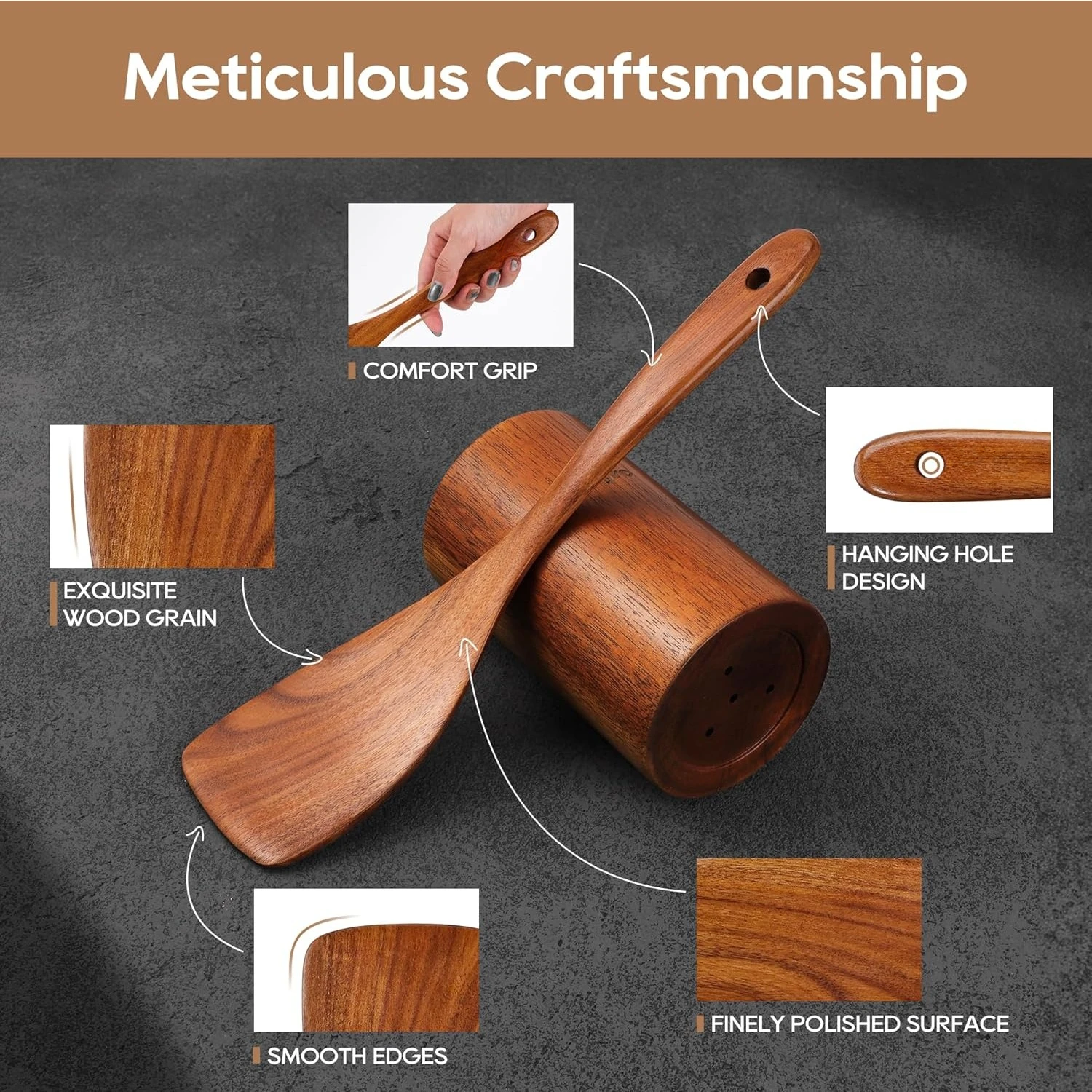 Teak Wooden Cooking Utensils Set, 10 Piece Premium Kitchen Cookware, Non-Scratch Wooden Spoons for Cooking, Perfect for - Image 3