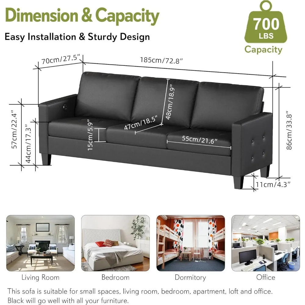 73 Black Faux Leather Sofa Couch, Modern Comfy Office 3 Seater Couch Loveseat with USB and Tufted Armrest, Small Love S - Image 2