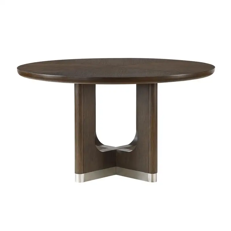 Modern Brown Finish 7-Piece Dining Set with Round Table and 6 Beige Upholstered Side Chairs - Durable Metallic Base, Elegant - Image 2