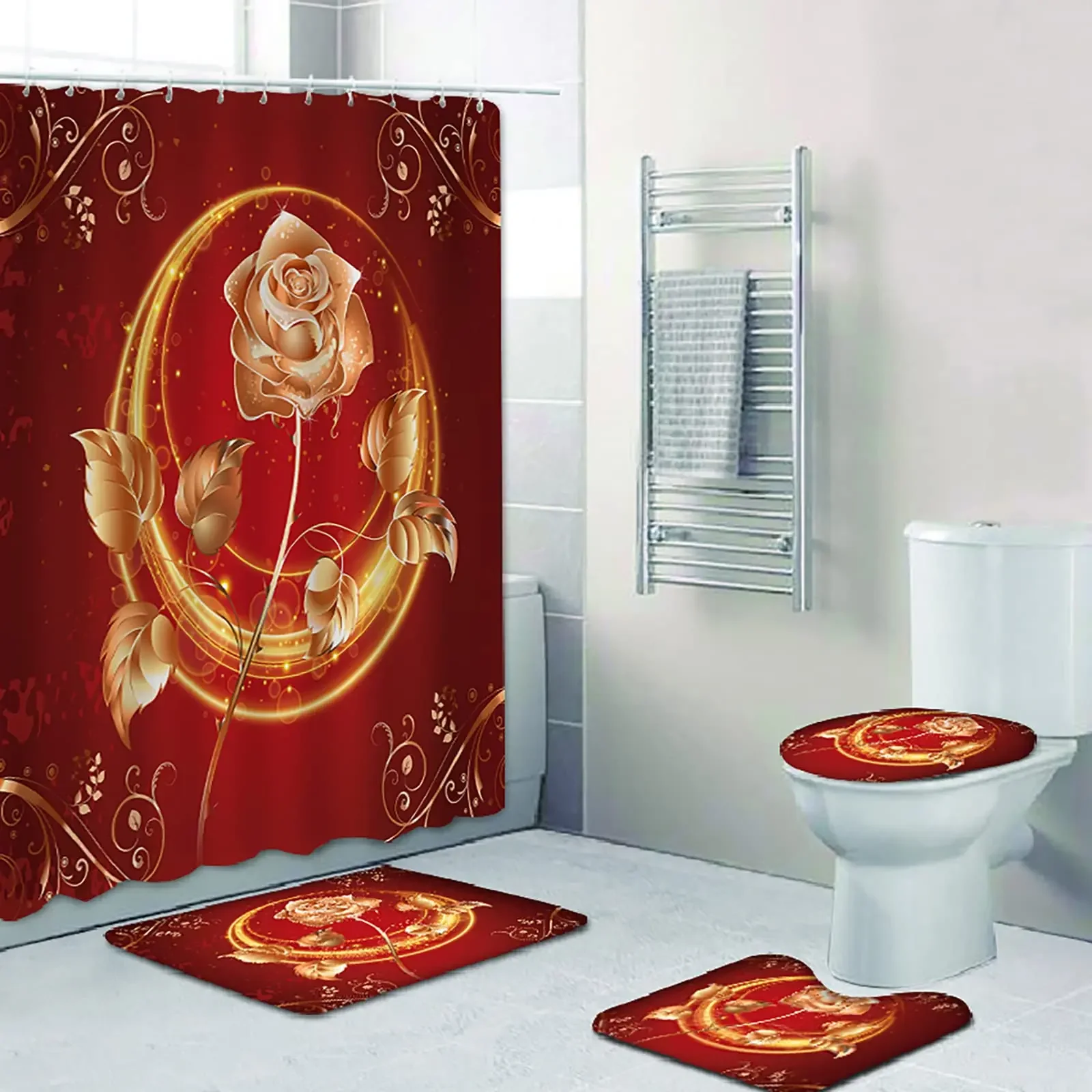 Gold Rose Black Bathroom Set Luxury Shower Curtain with Bath Mat Rug Carpet for Toilet Decor Accessories Shower Curtain Set 4pcs - Image 7