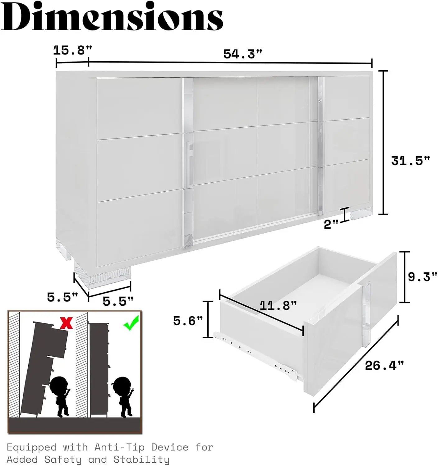 Modern 54" Wide High Gloss Dresser with 6 Drawers, Silver Grooved Handle, Contemporary Storage Chest for Bedroom - Image 2