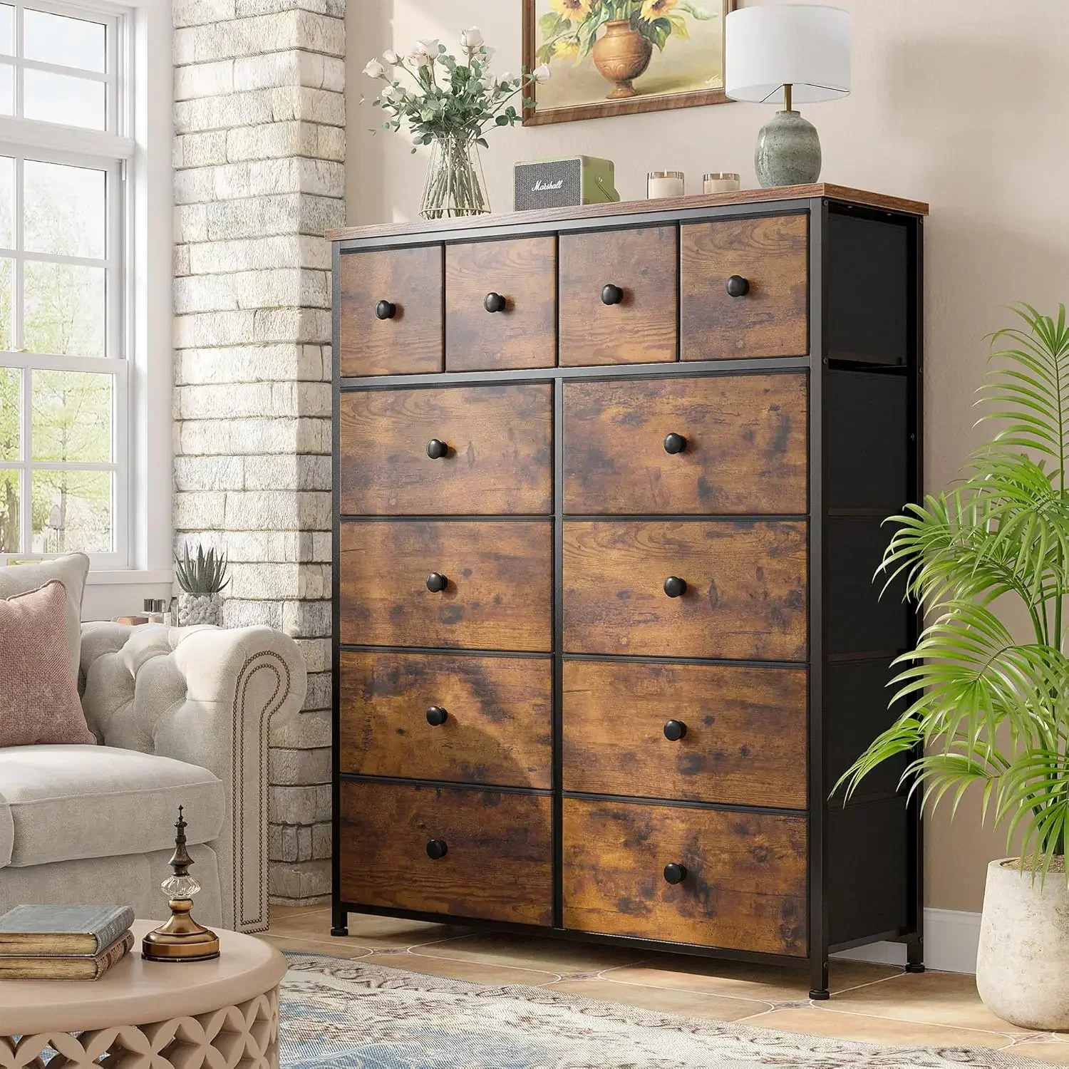 Dresser for Bedroom with 12 Drawers Dressers & Chests of Drawers,Wood Top Metal Frame, Rustic Brown - Image 3
